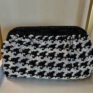 Black and White Houndstooth Clutch With Silver Crossbody Chain